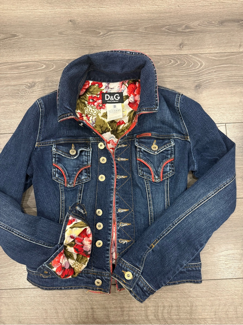 Dolce & Gabbana Blue Denim Jacket with Red Floral Lining size 26/40